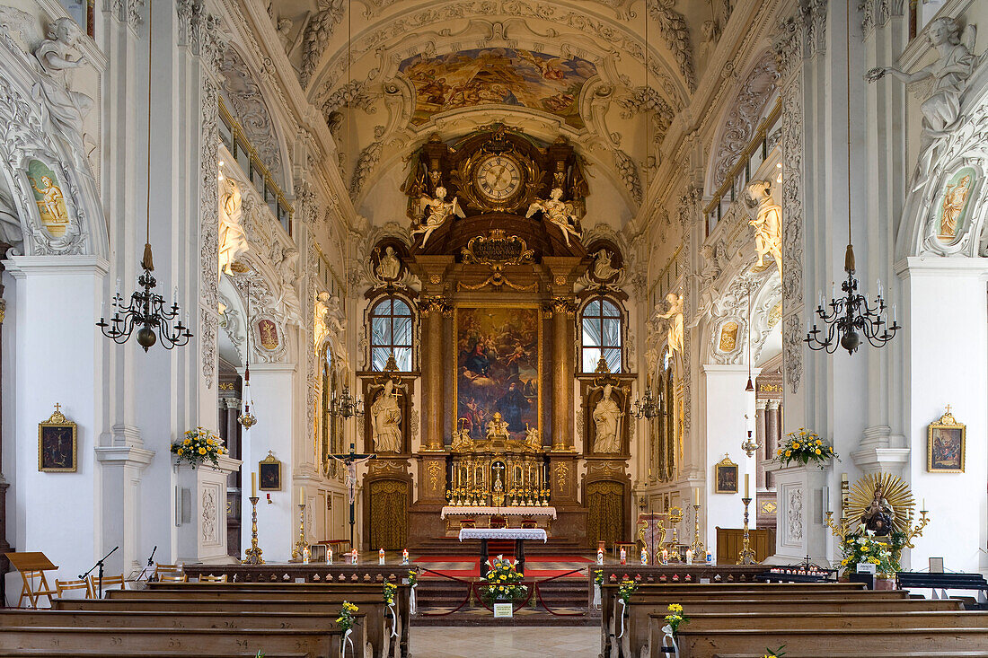 Interior view of abbey church of Benediktbeuern monastery, former Benedictine abbey, Benediktbeuern, Bavaria, Germany, Europe