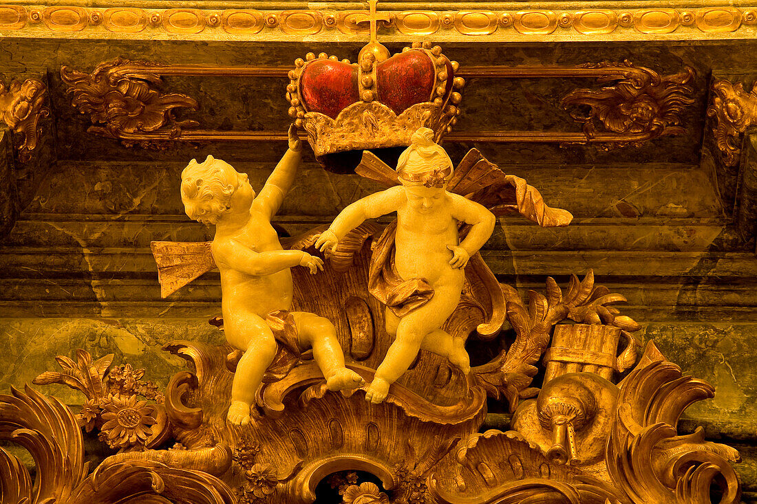 Putti with crown, Cuvilliés-Theater, or Old Residence Theatre (Altes Residenztheater) is the former court theatre of the Residence in Munich, Munich, Bavaria, Germany, Europe