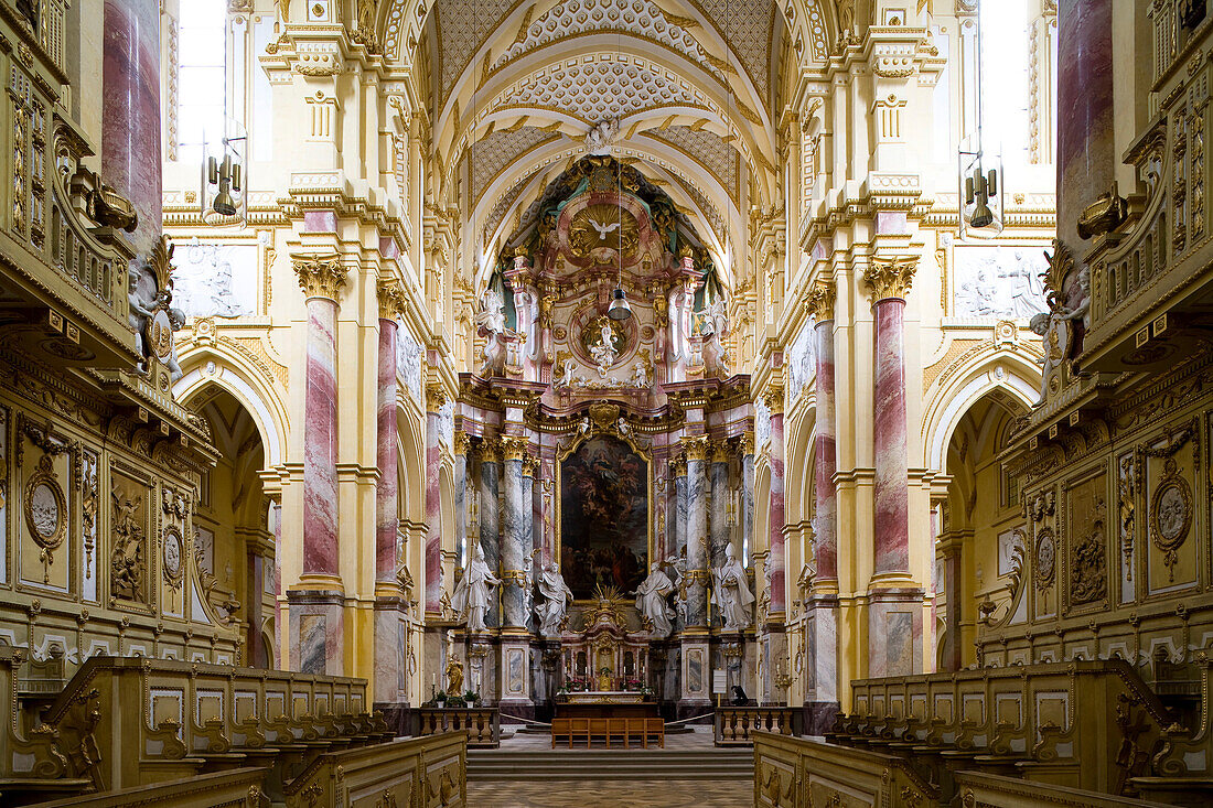 Central aisle of the Ebrach minster, a former cistercian monastery, Ebrach, Upper Franconia, Bavaria, Germany, Europe
