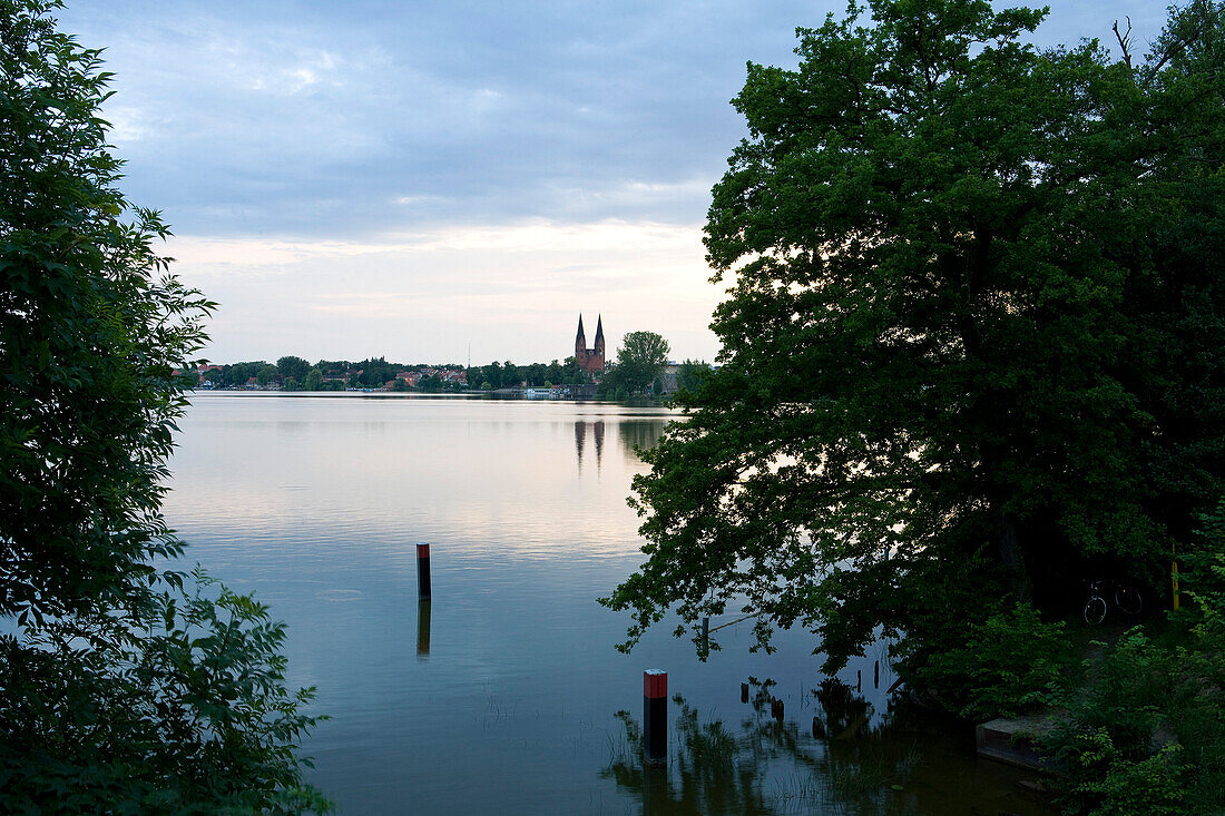 View over lake Ruppiner See at abbey church, Neuruppin, Brandenburg, Germany, Europe