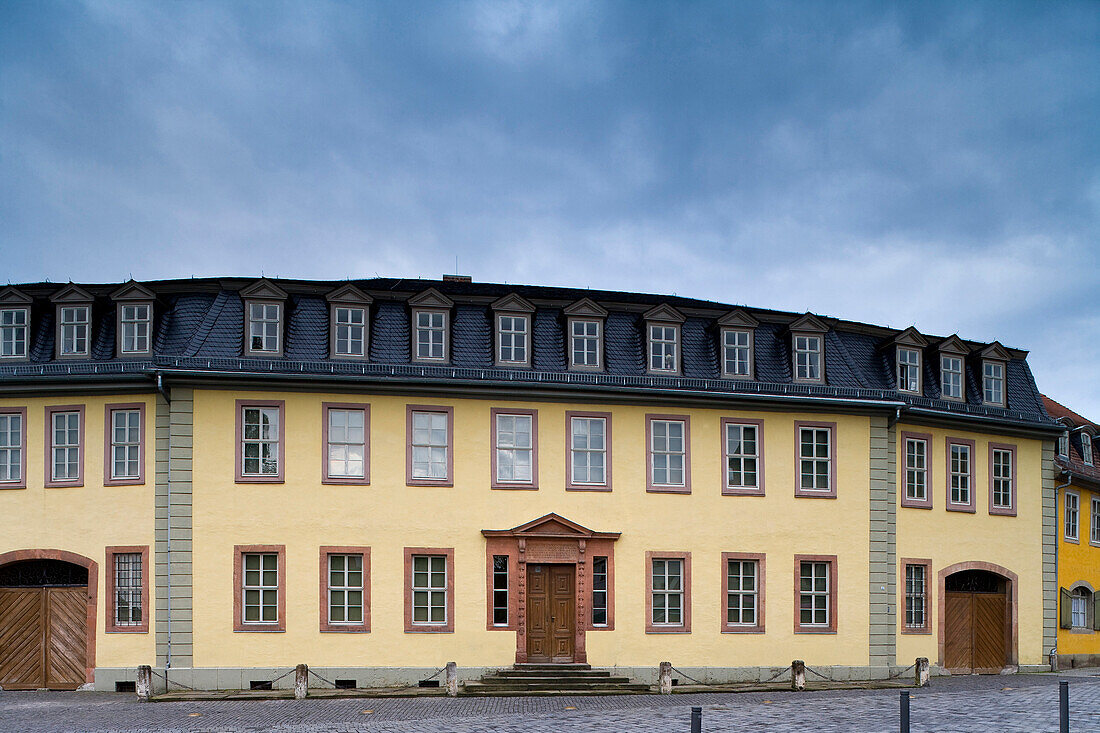 Goethehaus at Frauenplan under clouded sky, Weimar, Thuringia, Germany, Europe