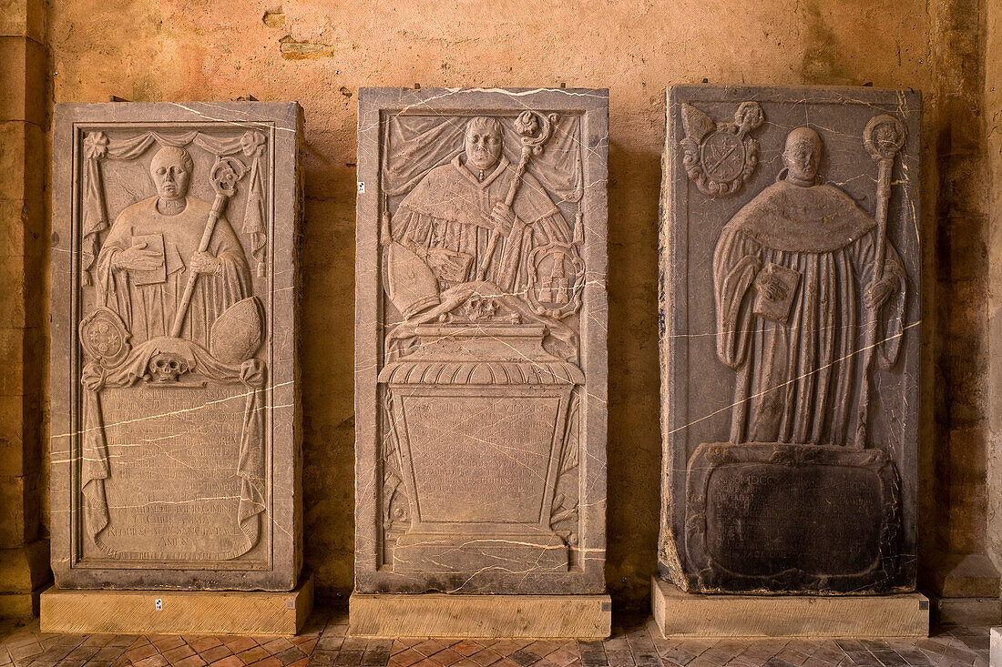Tombstones at Eberbach abbey, a medieval monastery in Eltville am Rhein, Rheingau, Hesse, Germany, Europe