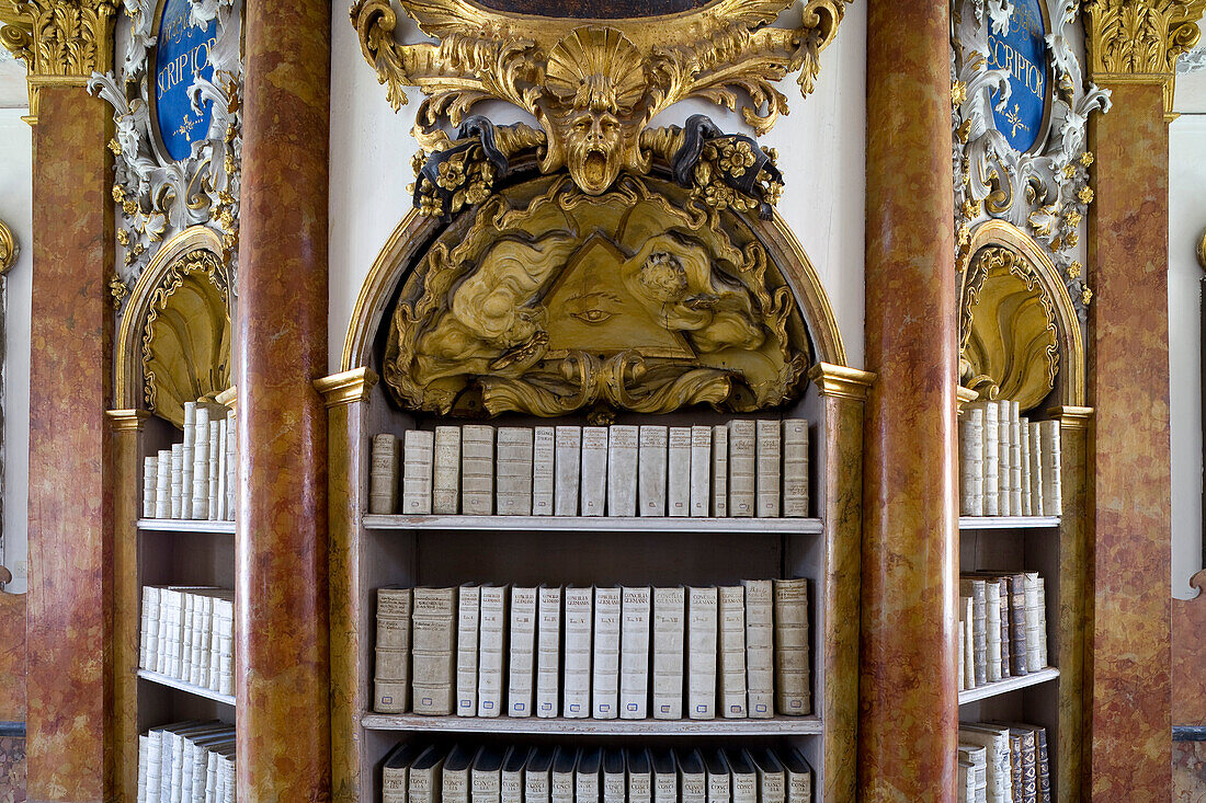Detail of the old library, Ottobeuren Abbey, Ottobeuren, Bavaria, Germany, Europe