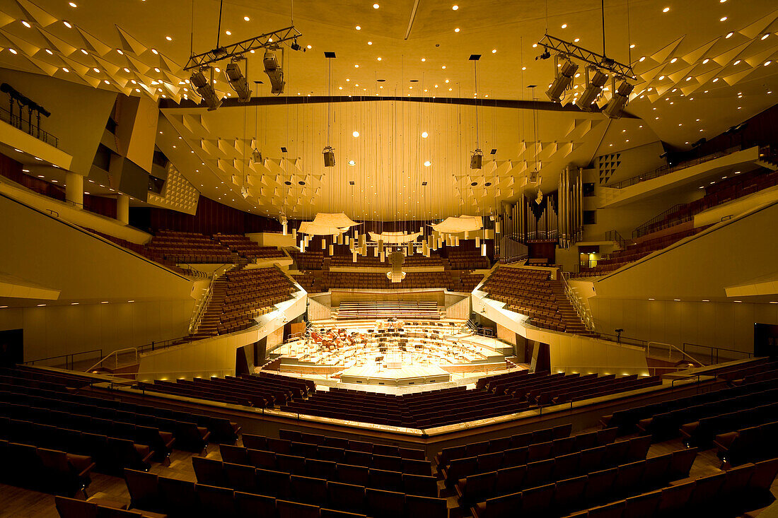 Interior view of Philharmonic orchestra building, at Kemperplatz, architect Hans Scharoun, Berlin, Germany, Europe