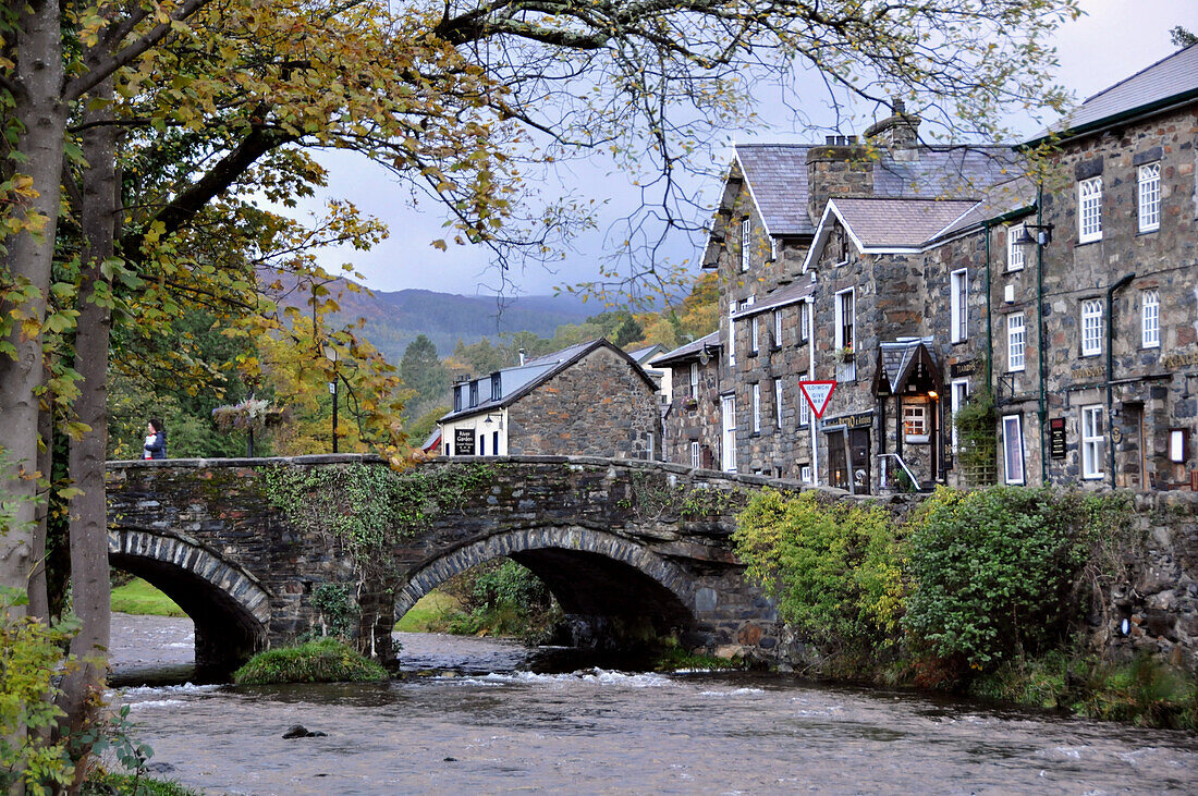 Stone bridge over the river Colwyn, Beddgelert at Mount Snowdon, North Wales, Wales, Great Britain