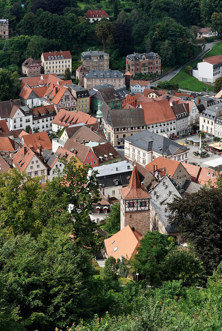 Vie of the Red Tower on the Market Place from above, Kulmbach, Upper Franconia, Franconia, Bavaria, Germany