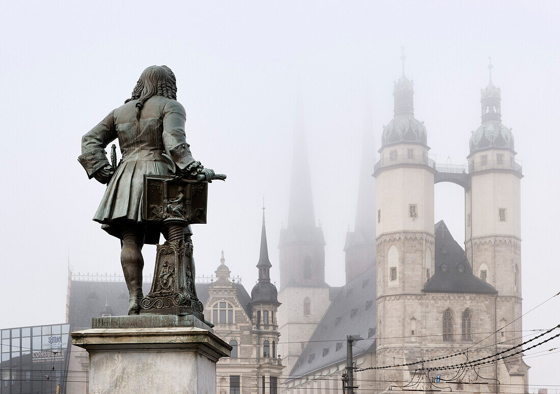 Market Place, Haendel Monument, Market Church, Halle, Saxony-Anhalt, Germany