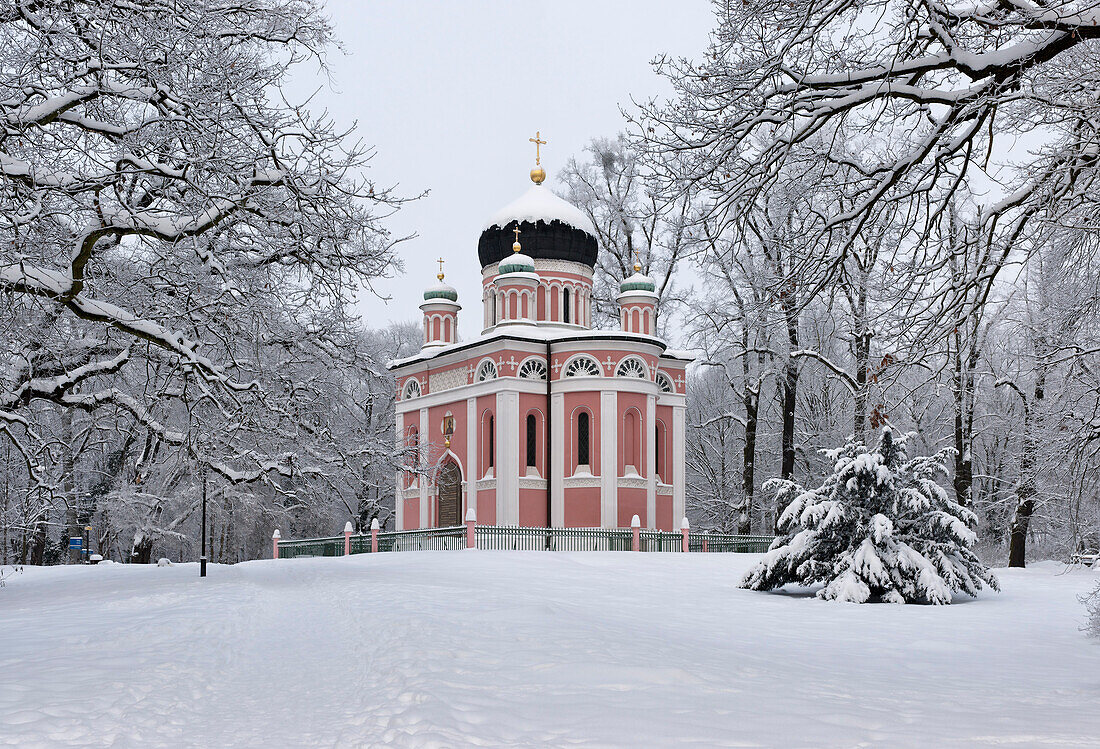 Russian Orthodox Church in winter, Chapel Mountain, Potsdam, Brandenburg, Germany
