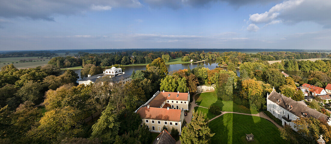 View from the Bible Tower, Castle Woerlitz, Kitchen Building, Woerlitz Lake, Woerlitz, Dessau, Saxony-Anhalt, Germany