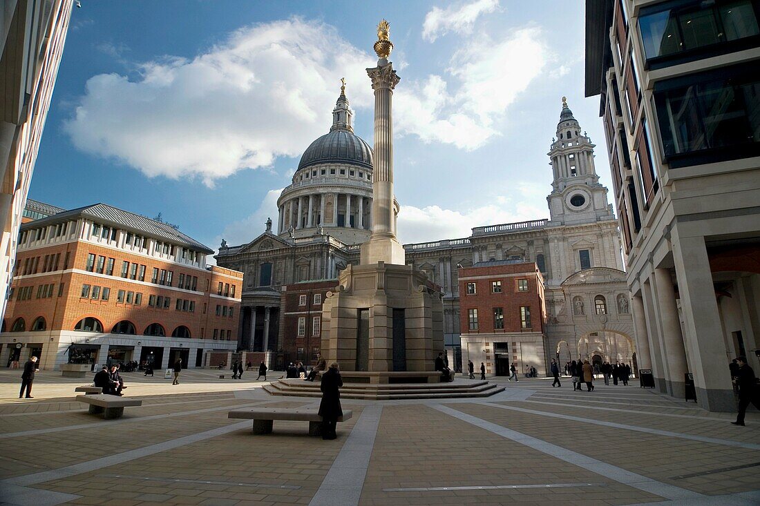Paternoster Square right outside the London Stock Exchange with St Pauls Cathedral in the background Architects are Eric Parry Architects and Sheppard Robson Paternoster Square column is a Corinthian column of Portland stone topped by a gold leaf covere