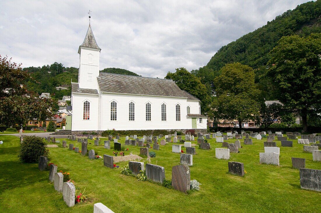 The wooden church at Øystese, Western Norway, on the Hardanger Fjord