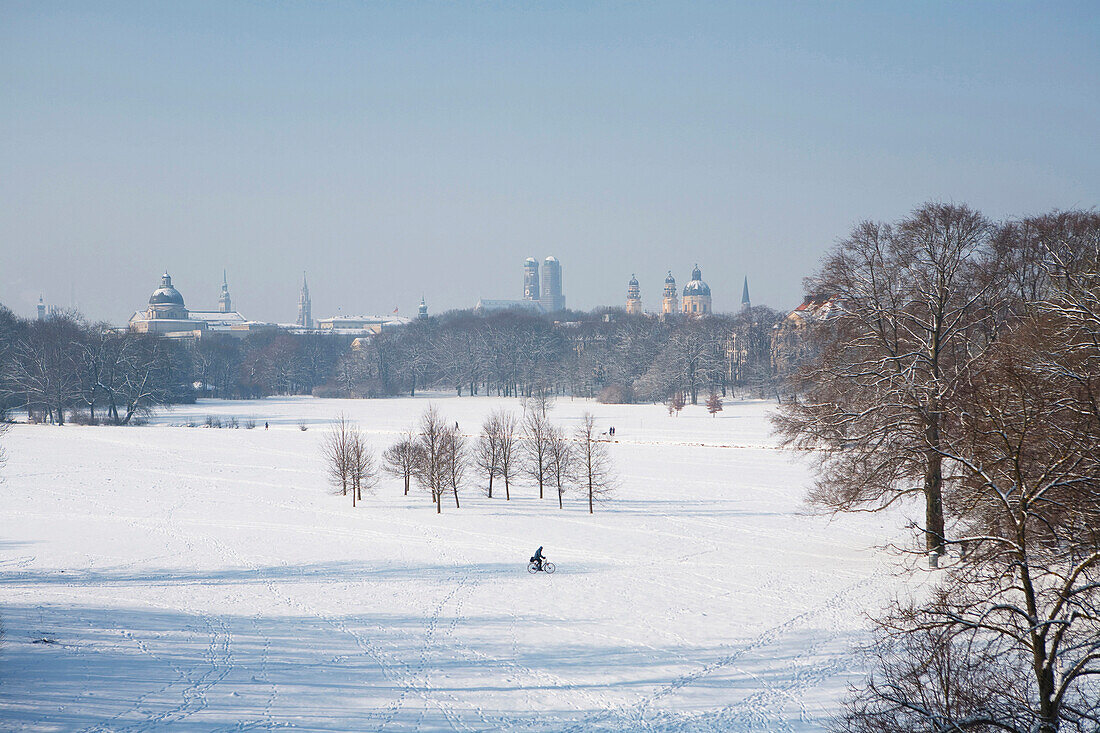 View over English Garden Munich in winter, Bavaria, Germany