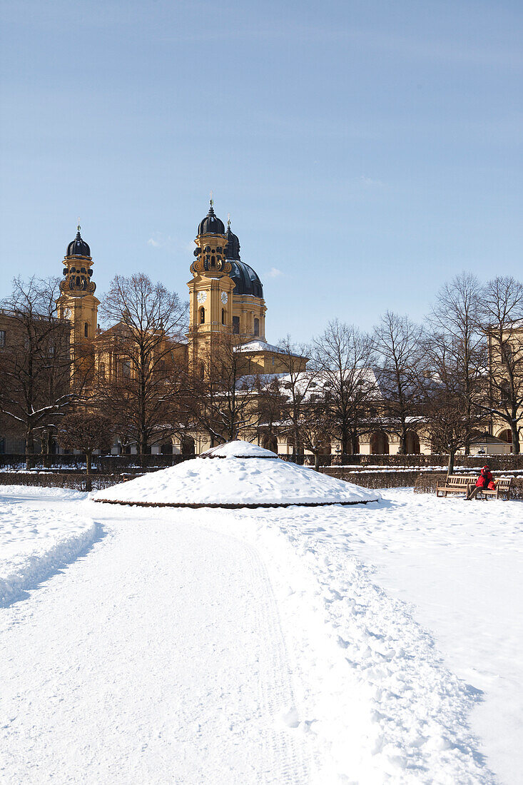 View from Hofgarten (Court Garden) to Theatine Church in winter, Munich, Bavaria, Germany