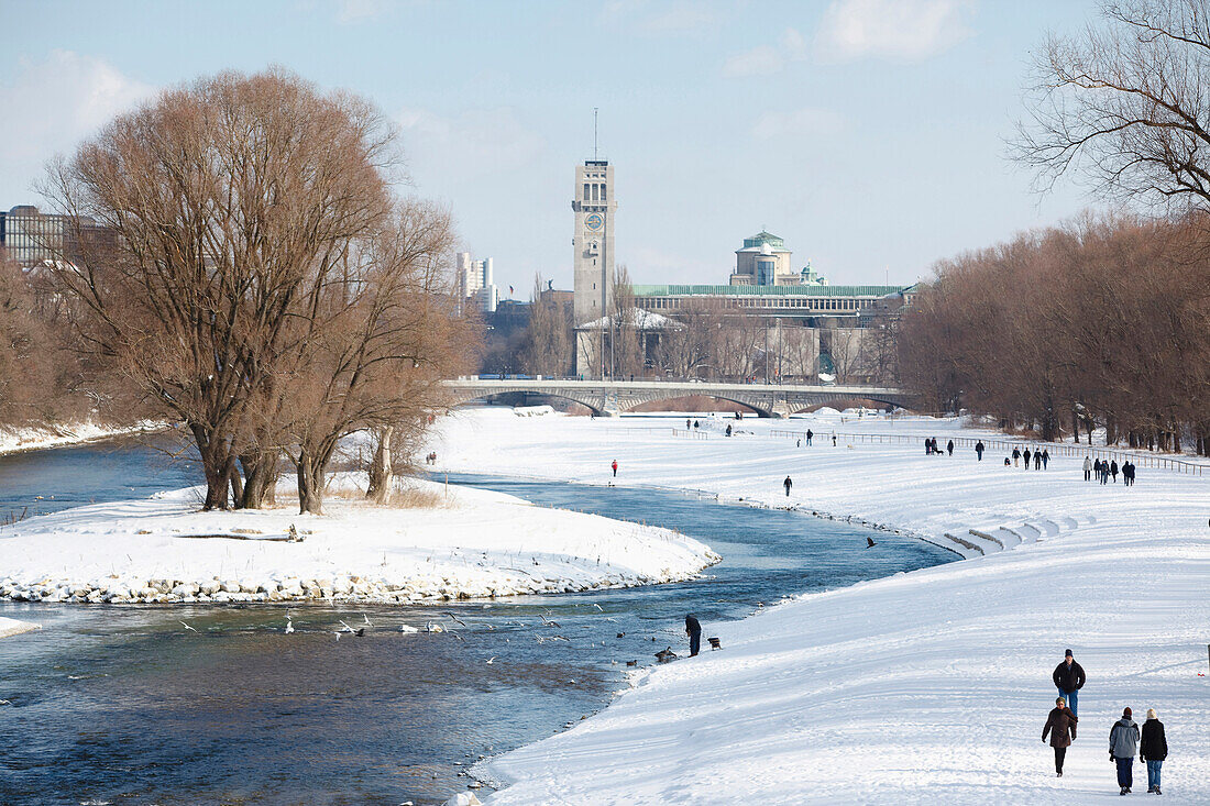 View over river Isar to German Museum in winter, Munich, Bavaria, Germany