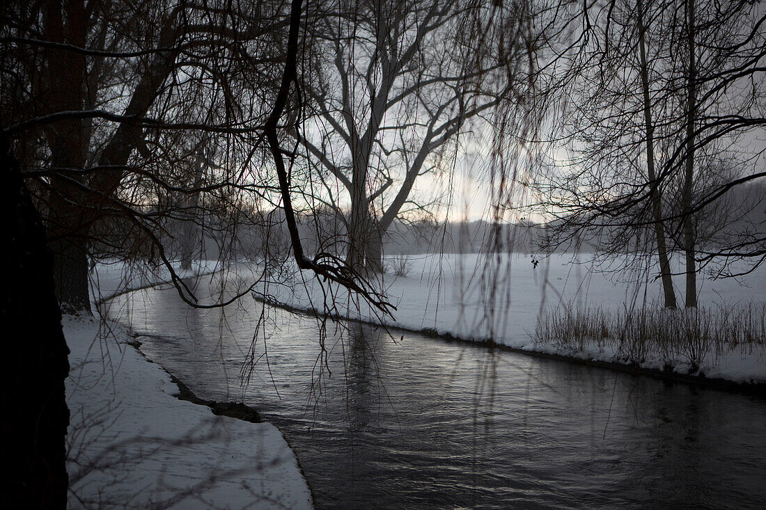 Winter scenery with Eisbach, English Garden, Munich, Bavaria, Germany