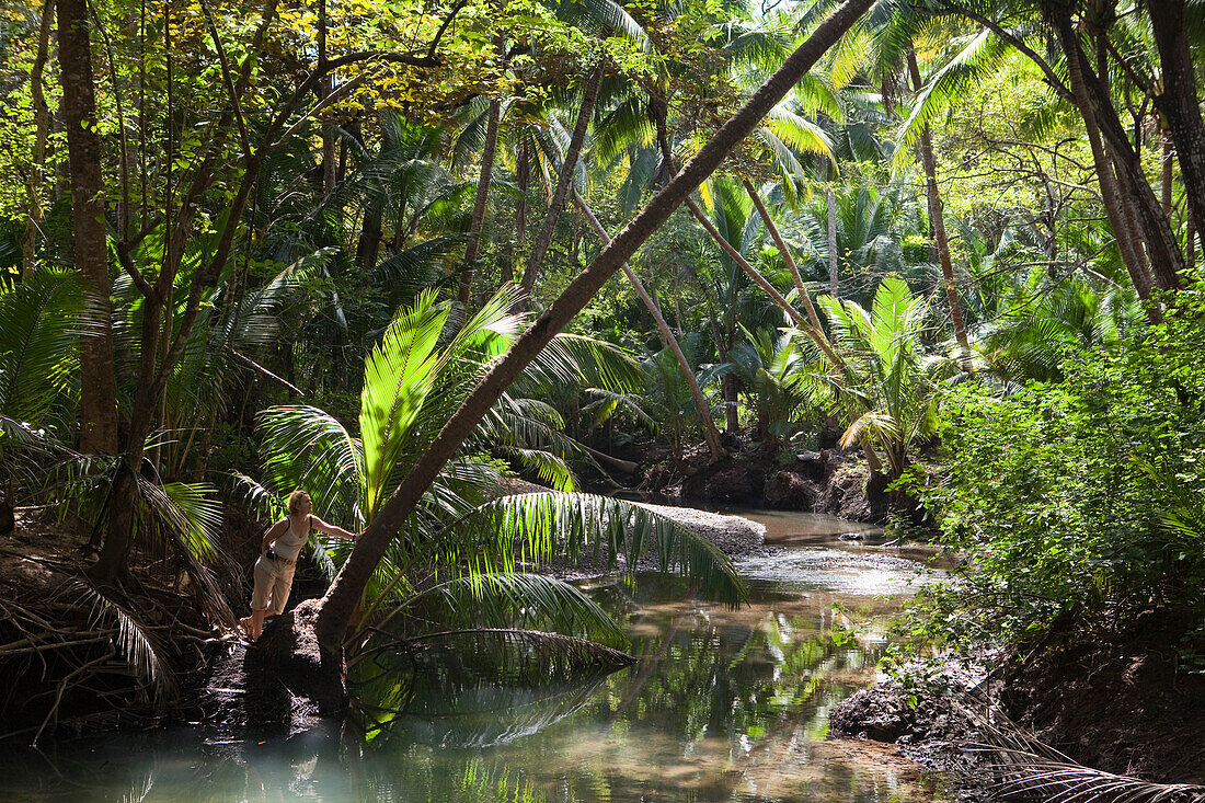 Frau enstpannt sich auf Palme am Ufer von einem Fluss in der Curu Nature Reserve, Curu, Puntarenas, Costa Rica, Mittelamerika, Amerika
