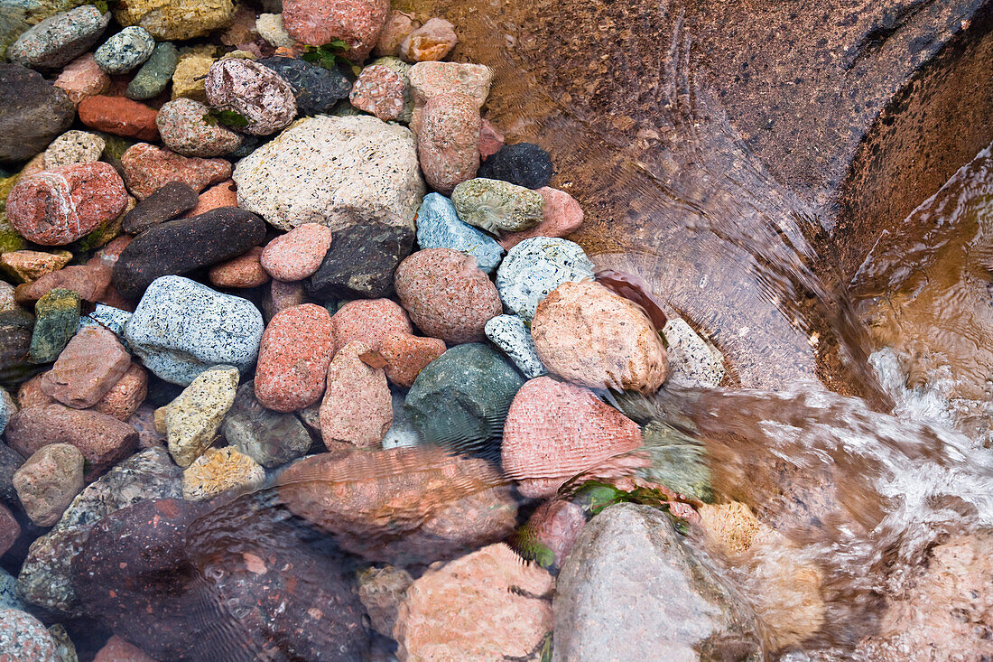 Bunte Steine in klarem Gebirgsbach in der Spelunca Schlucht bei Ota, Korsika, Frankreich, Europa
