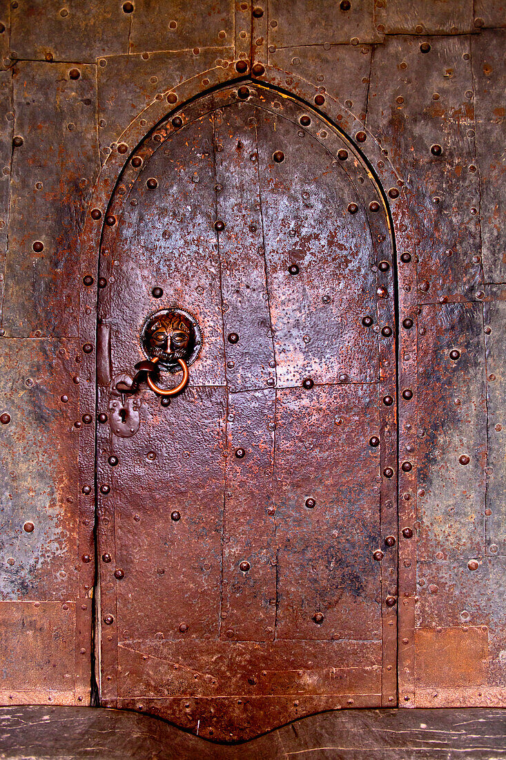 Entrance portal of Muenster of the Frauenwoerth, Fraueninsel, Chiemsee, Chiemgau, Upper Bavaria, Bavaria, Germany