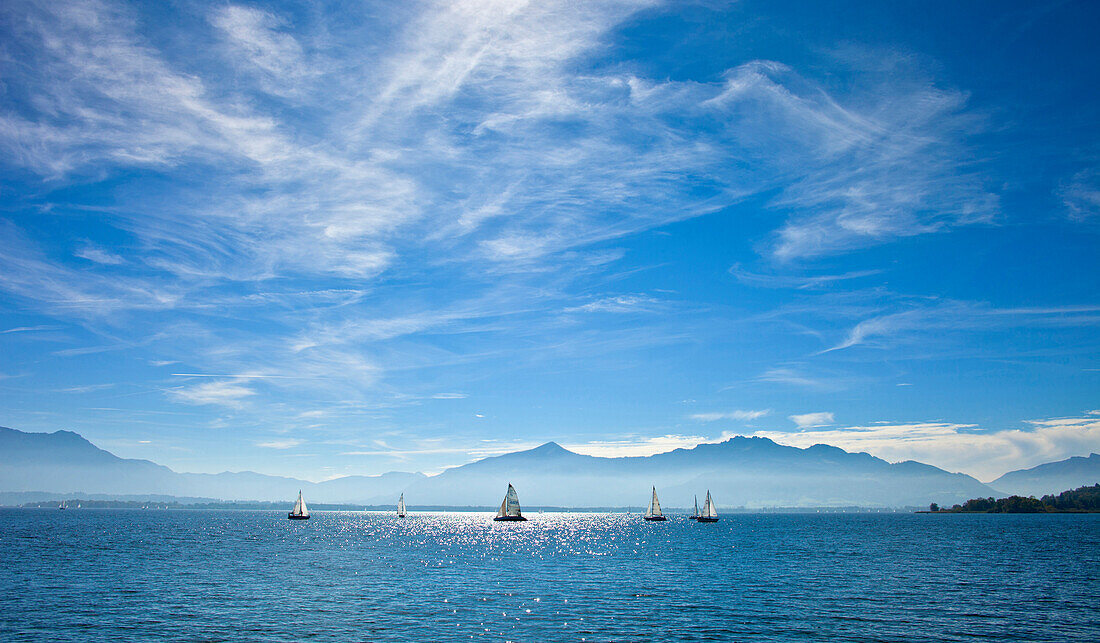 Sailboat at the Chiemsee with Kampenwand in the background, Chiemsee, Chiemgau, Upper Bavaria, Bavaria, Germany