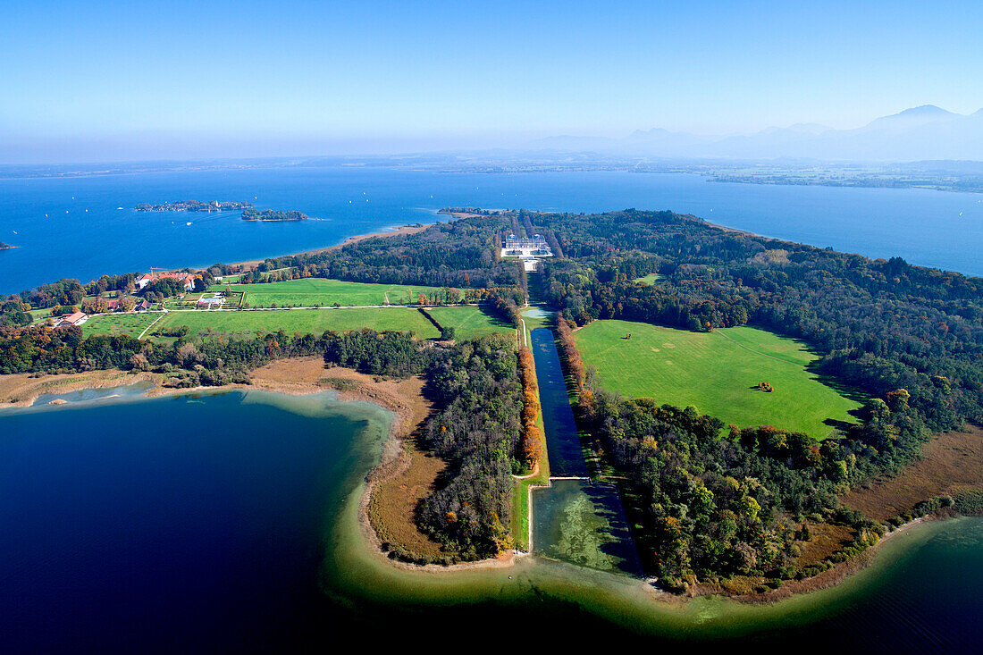 Aerial view of the Herrenchiemsee Castle, Herrenchiemsee, Chiemsee, Chiemgau, Upper Bavaria, Bavaria, Germany