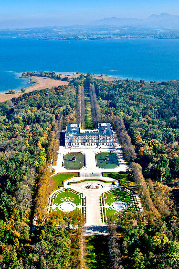 Aerial view of the Herrenchiemsee Castle, Herrenchiemsee, Chiemsee, Chiemgau, Upper Bavaria, Bavaria, Germany