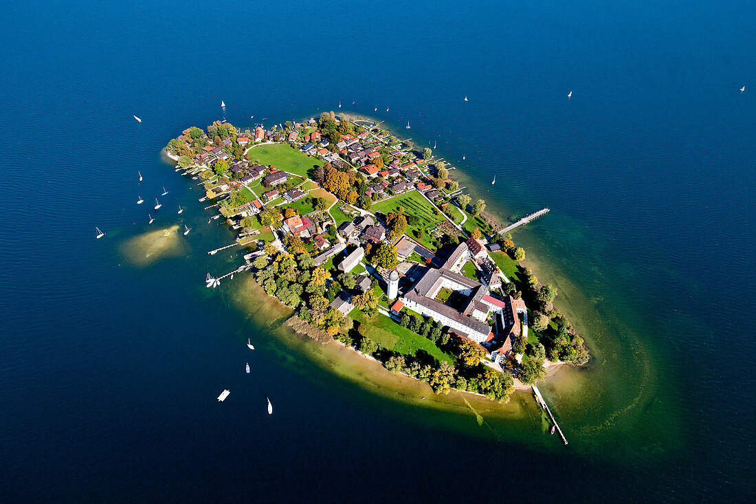 Aerial view of the Frauenchiemsee Abbey, Fraueninsel, Chiemsee, Chiemgau, Upper Bavaria, Bavaria, Germany