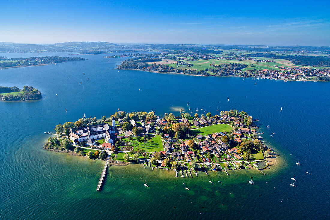 Aerial view of the Frauenchiemsee Abbey, Fraueninsel in the background with Herrenchiemsee on the left side , Chiemsee, Chiemgau, Upper Bavaria, Bavaria, Germany