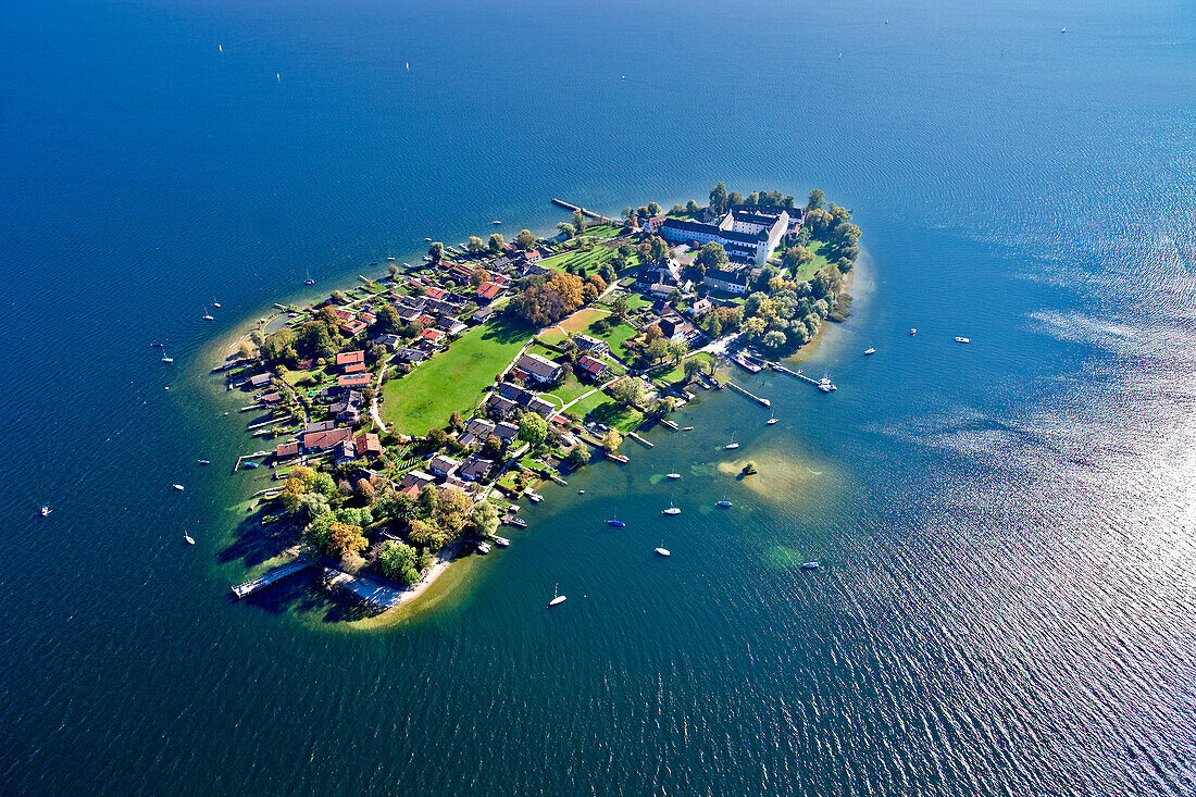 Aerial view of the Frauenchiemsee Abbey, Fraueninsel, Chiemsee, Chiemgau, Upper Bavaria, Bavaria, Germany