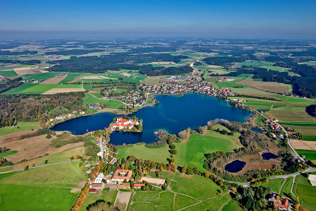 Aerial view of the Seeon Abbey, Seeon, Seon-Seebruck, Chiemsee, Chiemgau, Upper Bavaria, Bavaria, Germany