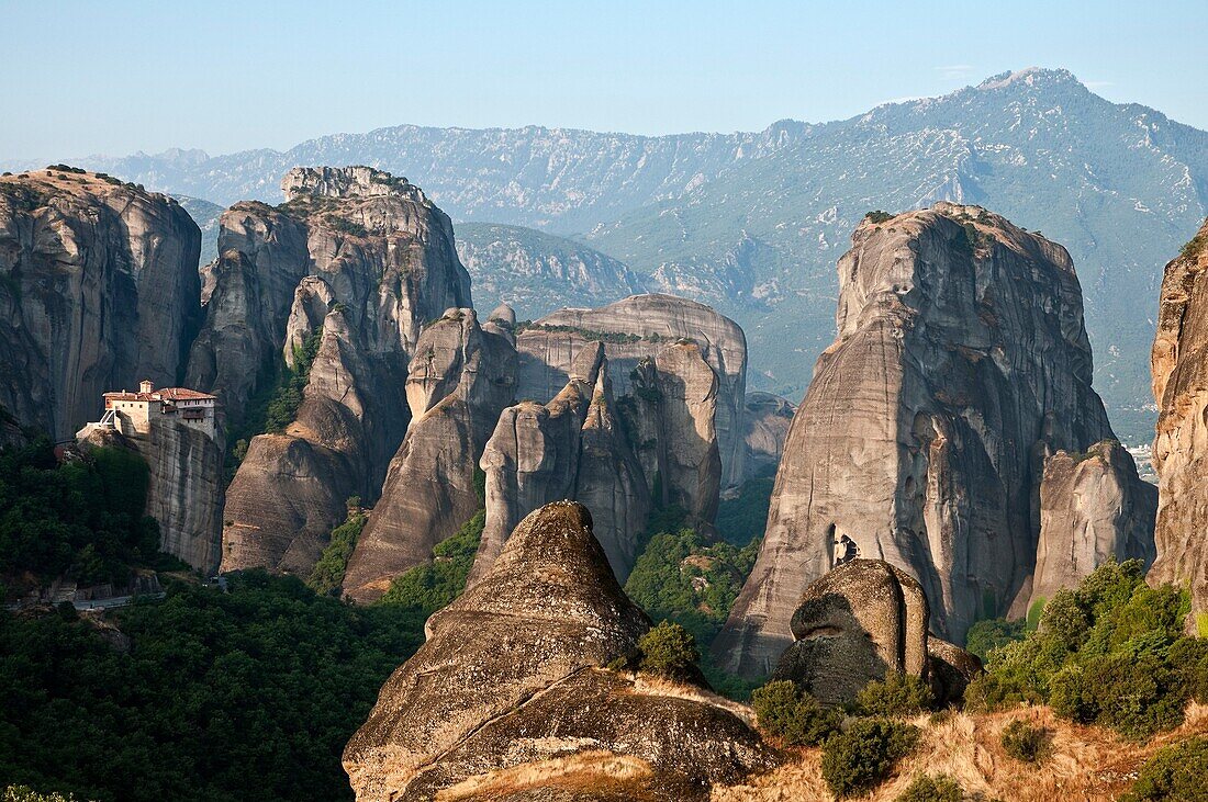 looking down on the monastery of Roussanou and the strange rock formations of the Meteora near Kalambaka, in Thessaly, central Greece