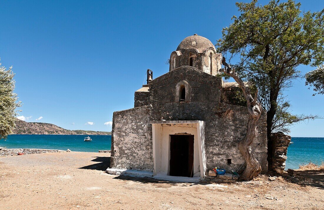 Agia Varvara byzantine church on the beach at Skoutari on the sunward, eastern, coast of the Deep Mani, Southern Peloponnese, Greece