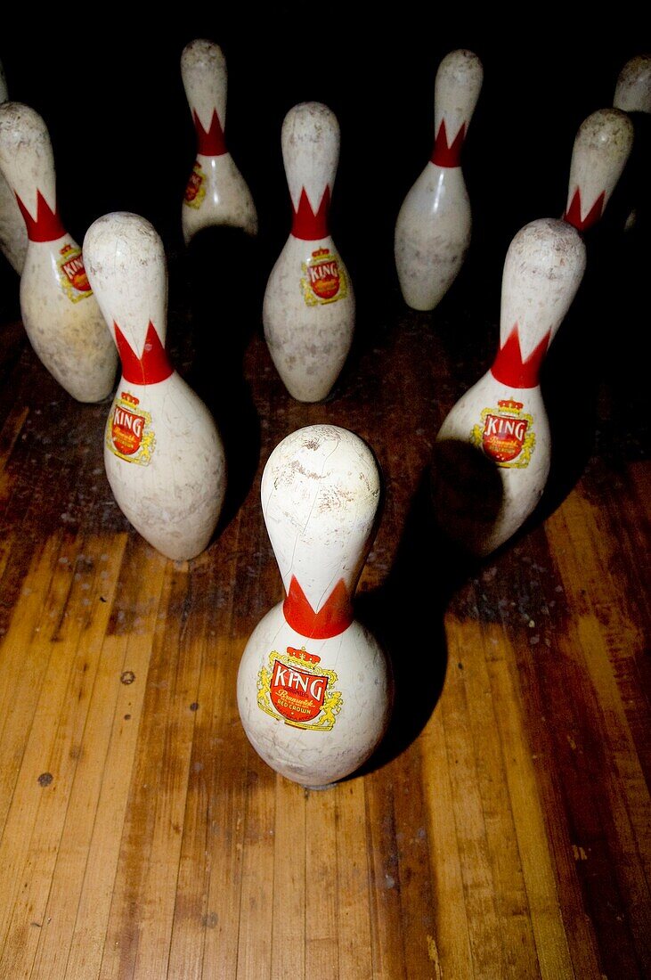 Bowling in an old two-lane bowling alley in the Barrow Mansion, Jersey City, NJ