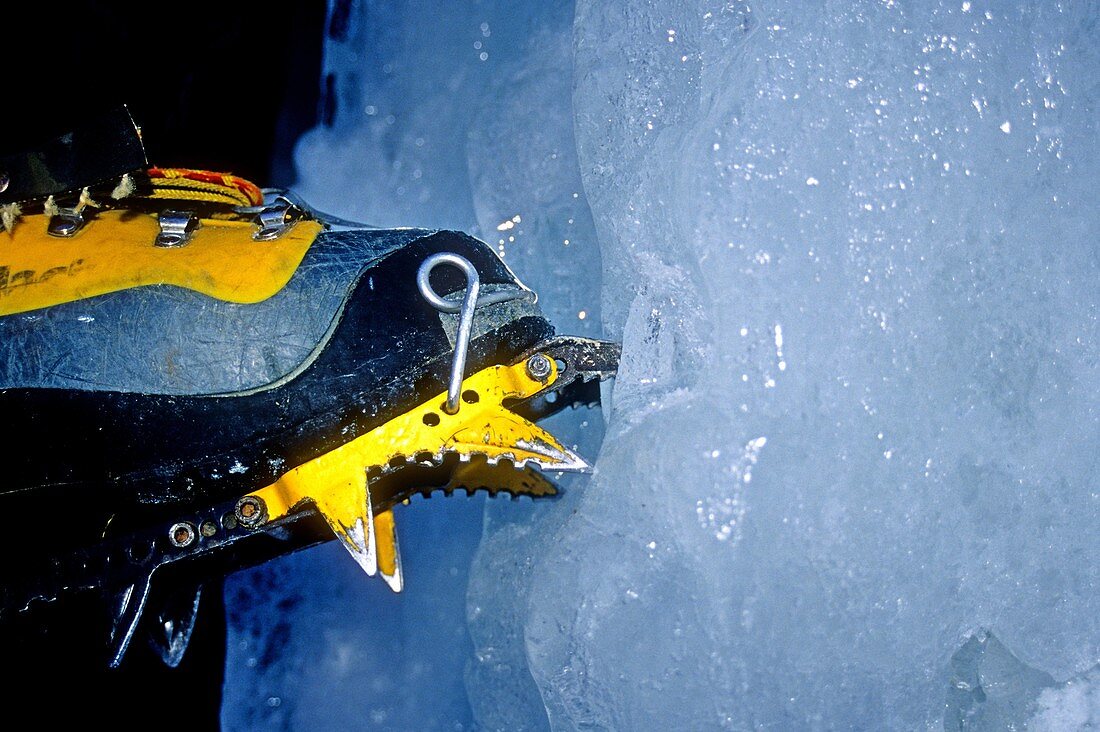 Greg Moore, gets the point with his crampon while ice climbing in the Snake River Canyon near the city of Twin Falls, Idaho