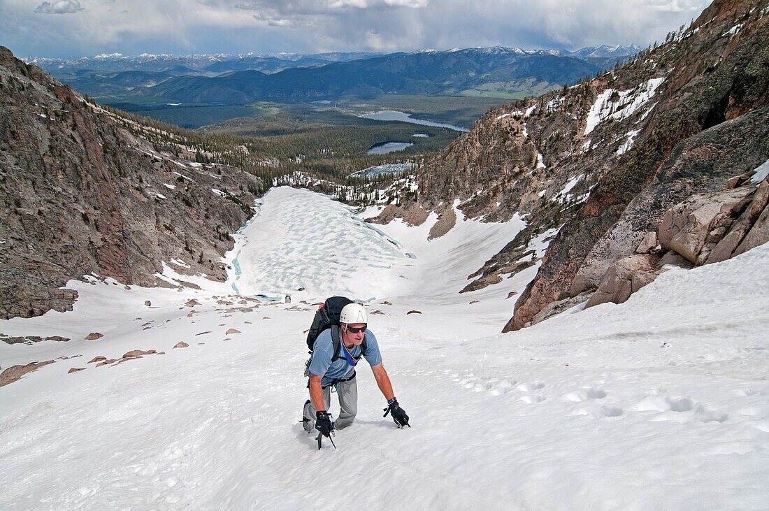 Mark Weber climbing the Petzoldt Couloir on Mount Heyburn high in the Sawtooth Mountains of central Idaho