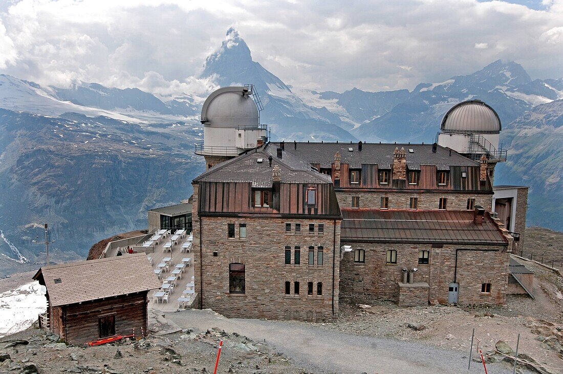 Zermatt, the Gornergrat observatory and The Matterhorn in the Swiss Alps high above the city of Zermatt in Switzerland