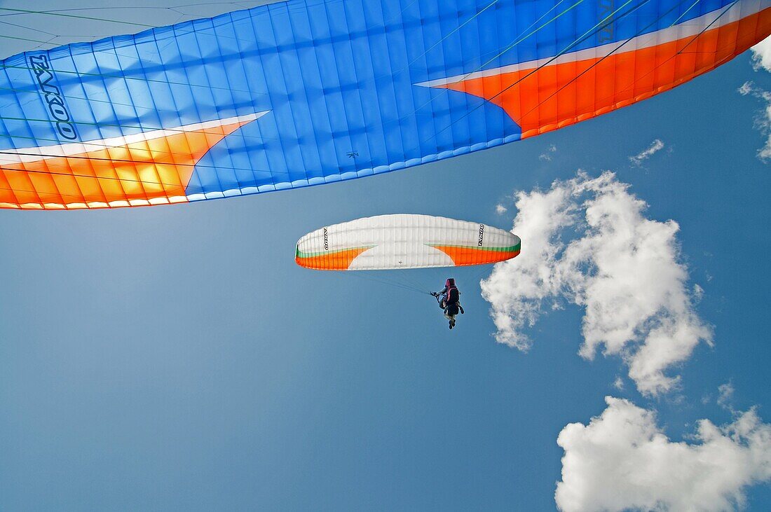 Elijah Weber paragliding at Le Brevent in the Aiguilles Rouges high above the city of Chamonix France