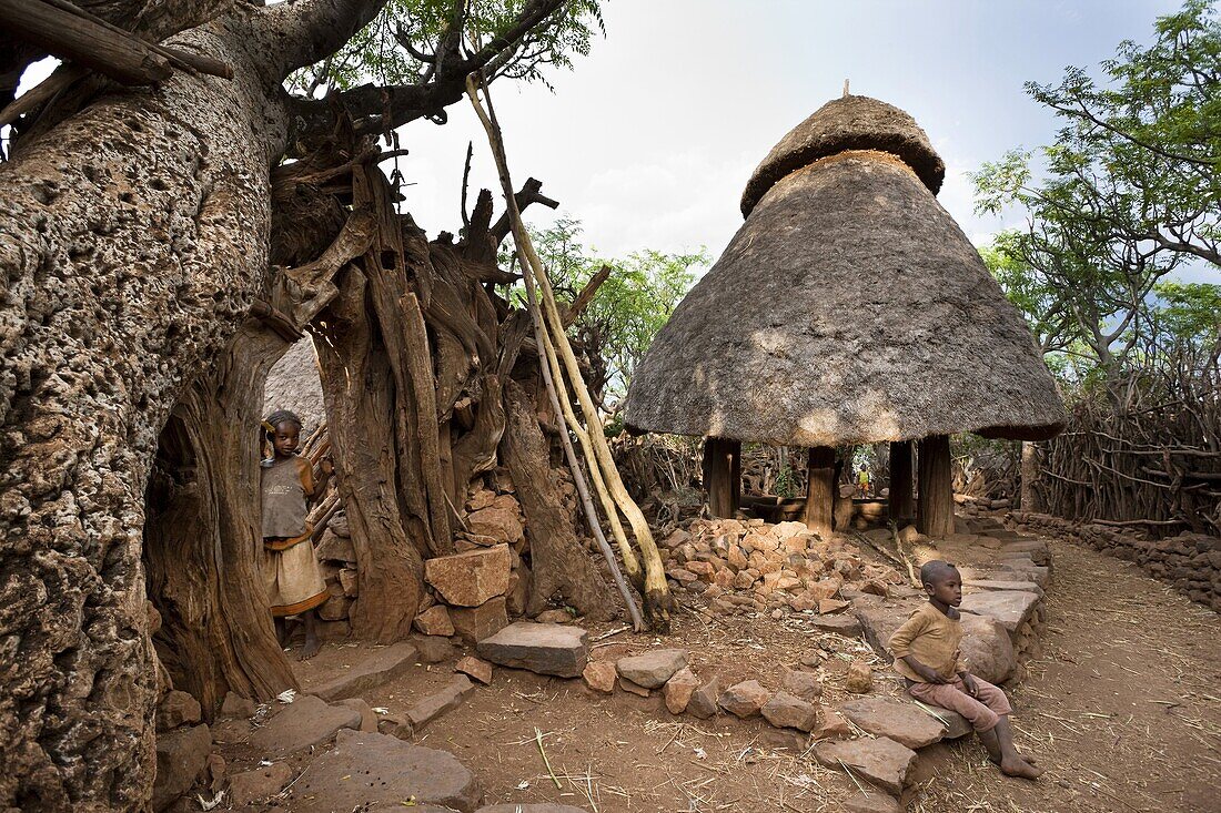 Traditional Konso village on a mountain ridge overlooking the rift valley Community house for the unmarried boys and men The Konso are living in tradtional villages with compunds for each family The compounds are connected by a maze of stone walled and