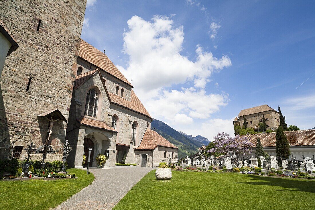 Schenna Scena near Meran Merano with parish church Maria Aufnahme, cemetery and palace, castle Schenna is one of the most popular destinations in South Tyrol Europe, Central Europe, Eastern Alps, South Tyrol, Italy, May 2010