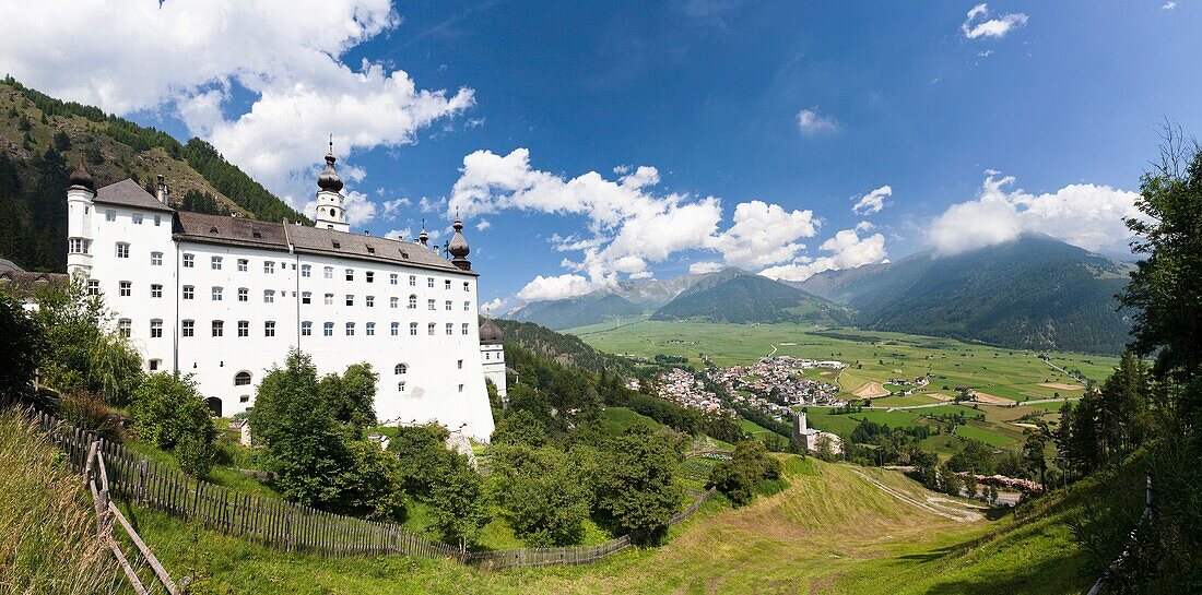 Panorama of Abbey Marienberg, Vinschgau Val Venosta overlooking valley vinschga val venosta and the village of burgeis bugusio close to pass reschen passo di resia Founded in the 12th century it was cultural center of the upper vinschgau Europe, Central