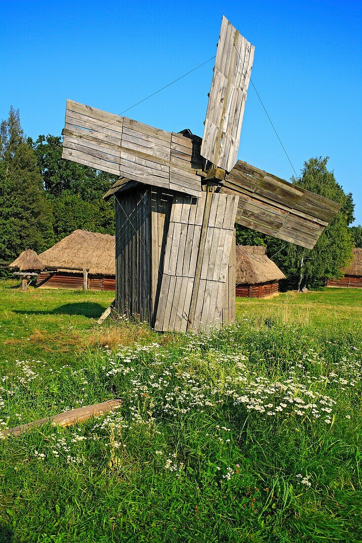 Wooden windmill, Pirogovo Pyrohiv, Open air museum of national architecture, near Kiev, Ukraine