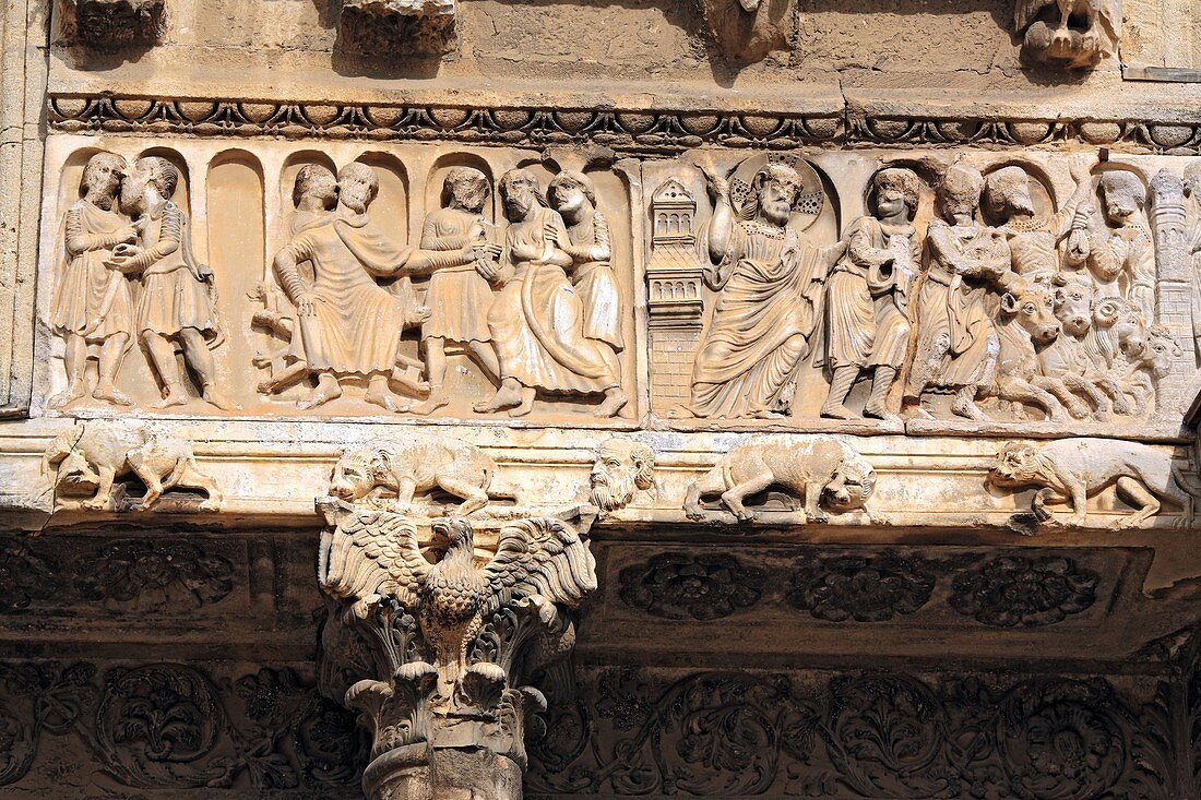 Bas-reliefs of portal of abbey church 12 cent, Saint-Gilles Saint-Gilles-du-Gard, Languedoc-Roussillon, France