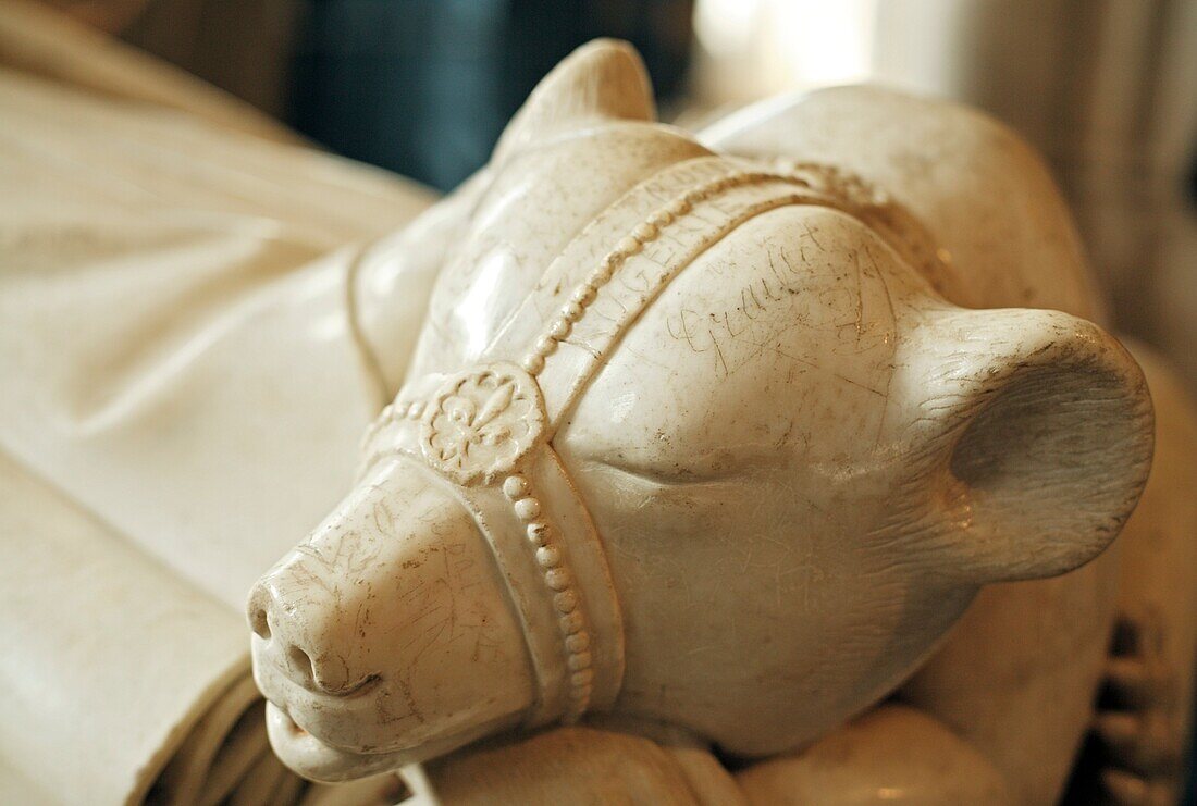 Detail of the tomb of the Duke of Berry in crypt of Bourges Cathedral 1195-1270, UNESCO World Heritage Site, Bourges, France