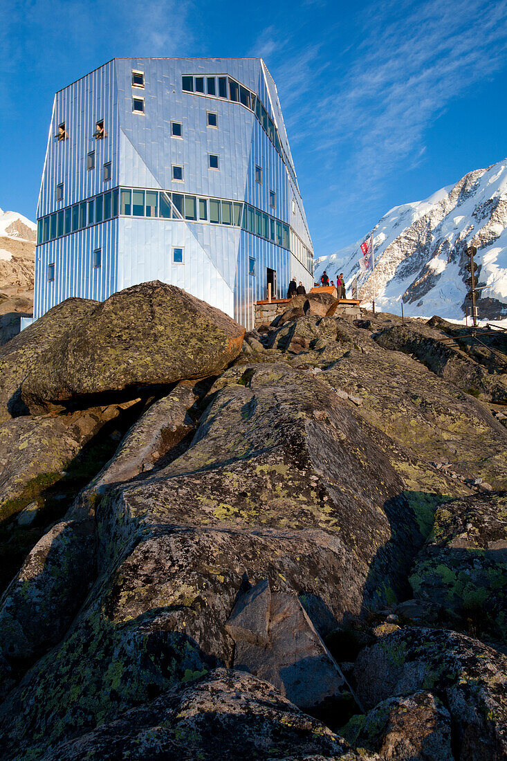 New Monte-Rosa-Hut in the evening, Liskamm in background, Zermatt, Canton of Valais, Switzerland, myclimate audio trail