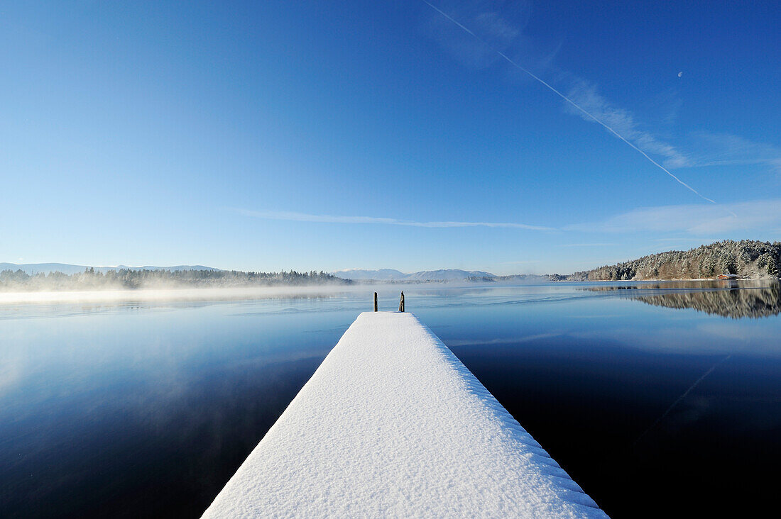 Snow covered landing stage at lake Kirchsee, lake Kirchsee, Upper Bavaria, Bavaria, Germany, Europe