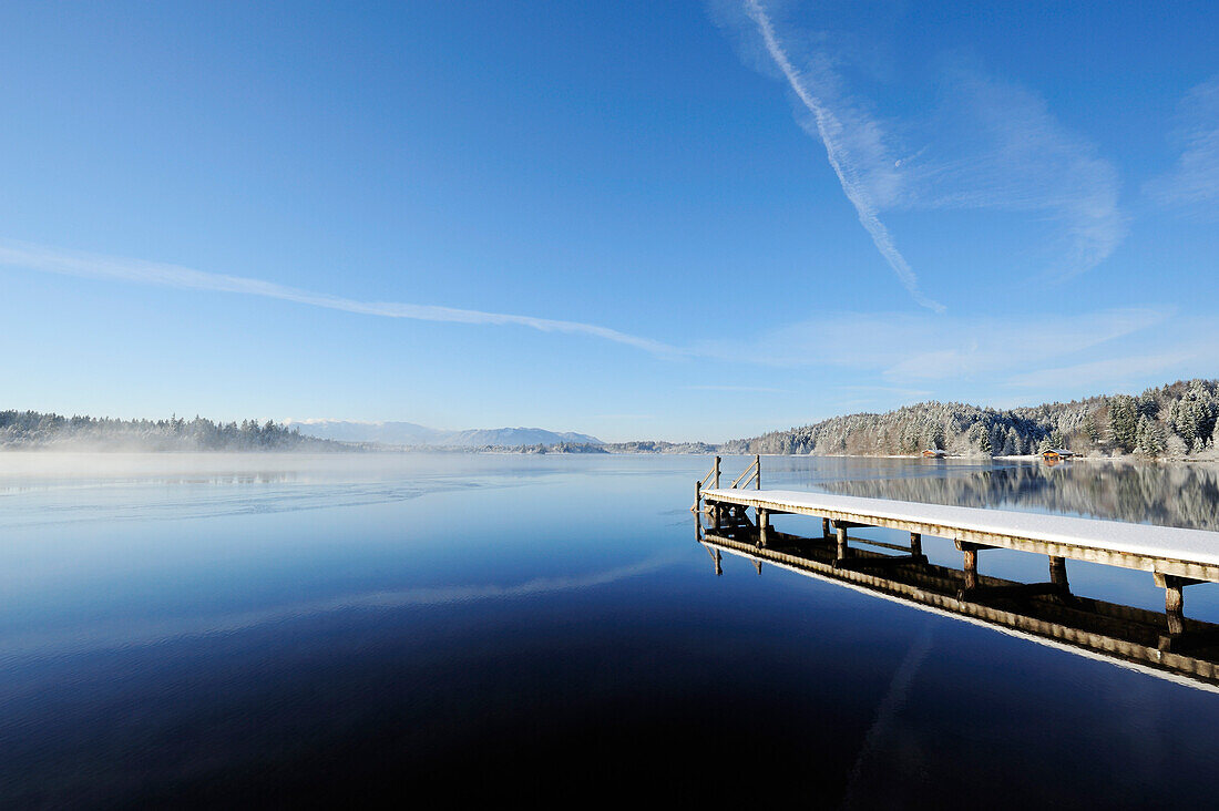 Snow covered landing stage at lake Kirchsee, lake Kirchsee, Upper Bavaria, Bavaria, Germany, Europe