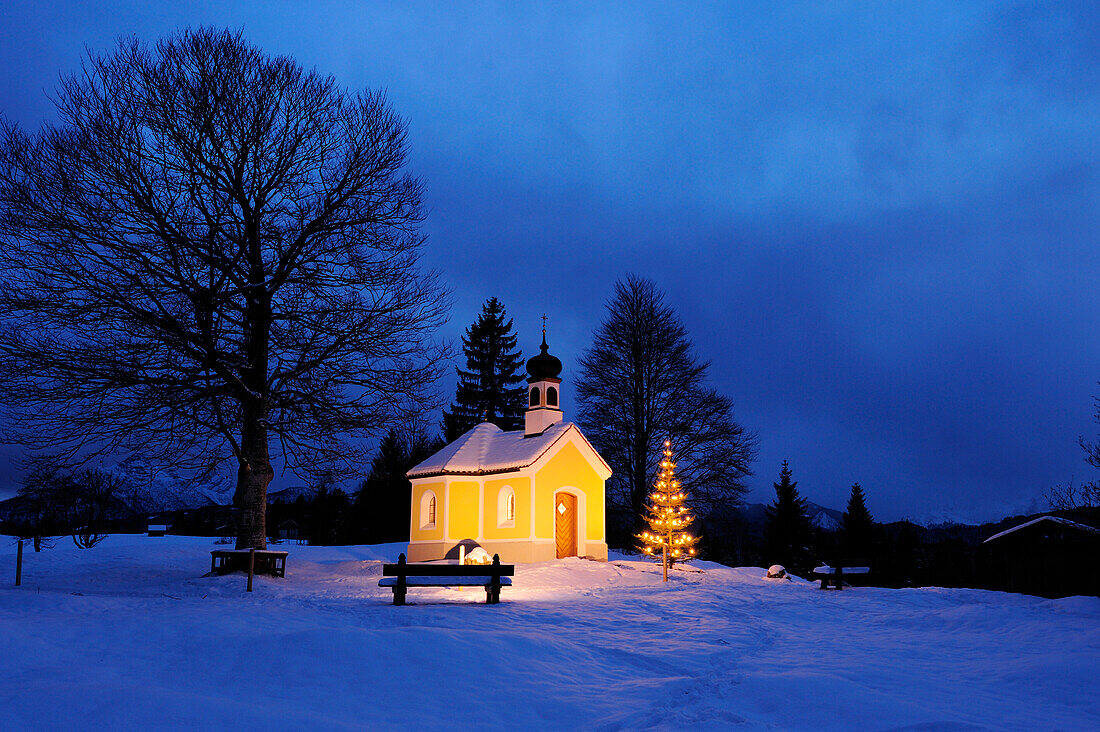 Beleuchtete Kapelle mit Christbaum, Werdenfelser Land, Oberbayern, Bayern, Deutschland, Europa