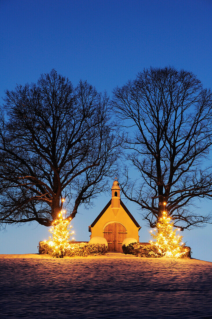 Beleuchtete Kapelle mit zwei beleuchteten Christbäumen, Chiemsee, Chiemgau, Oberbayern, Bayern, Deutschland, Europa