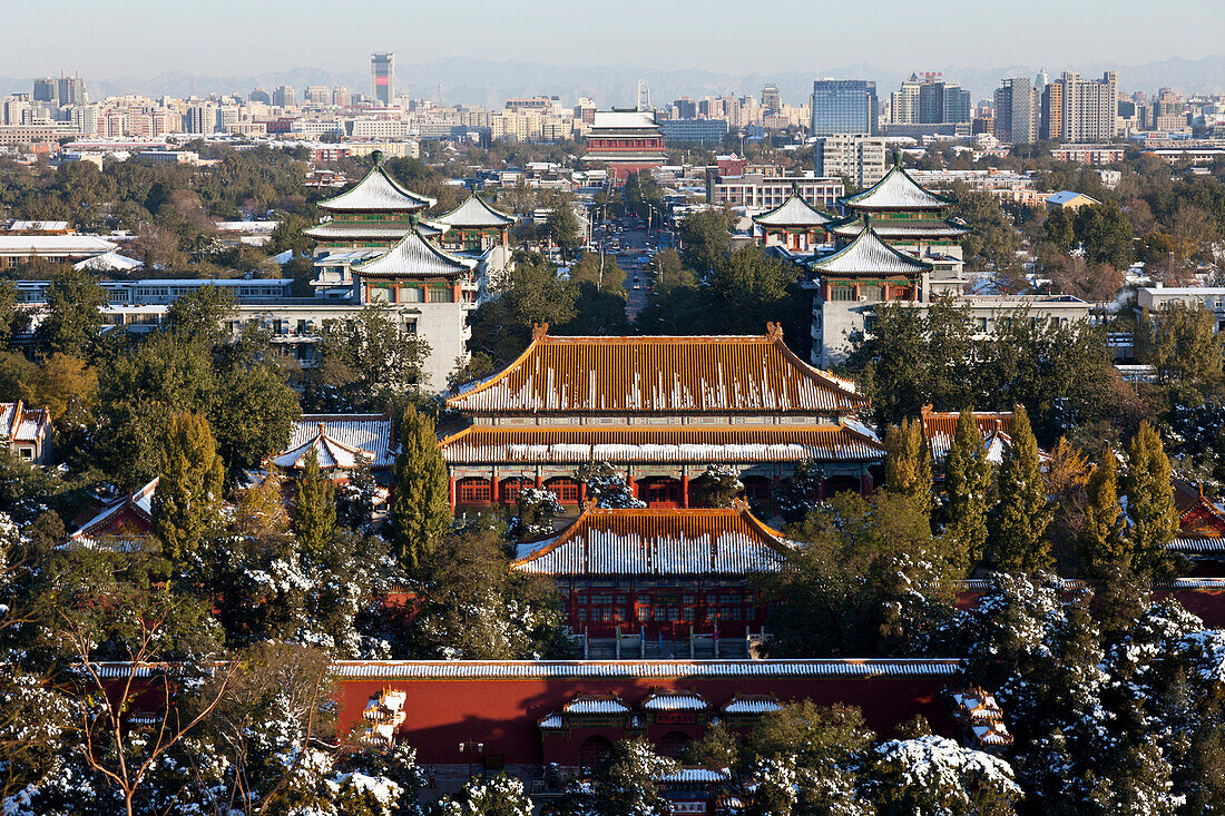 Early morning in Jingshan Park, view of the Forbidden City and the Emperor's Palace from Jingshan Hill, Jingshan Park, Northern gate of the Forbidden City, world heritage site, Beijing, People's Republic of China
