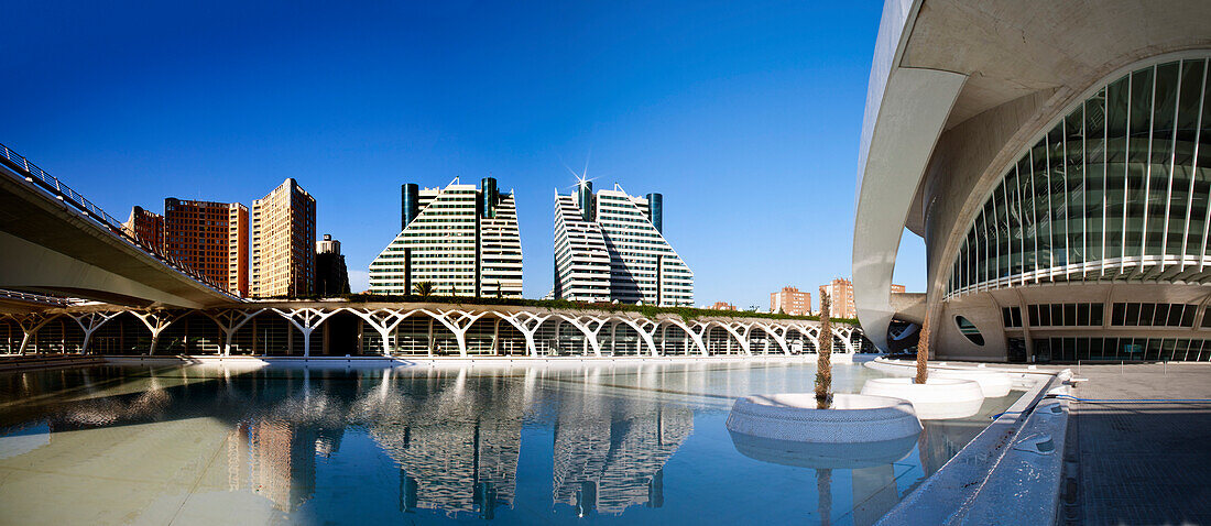 Wohnblöcke in El Ansanche und Palau de les Arts, Stadt der Künste und der Wissenschaften, Cuidad de las Artes y las Ciencias, Santiago Calatrava (architect), Valencia, Spanien