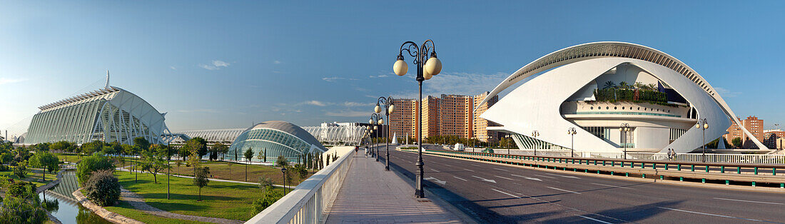 Panorama of Cuidad de las Artes y las Ciencias, City of Arts and Sciences, Santiago Calatrava (architect), Valencia, Spain